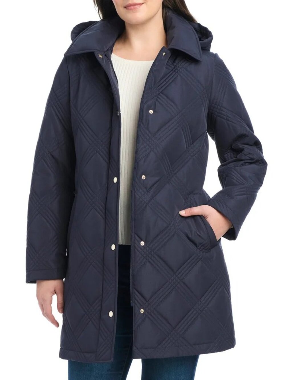 Jones New York Women's Belted Quilt Jacket Removable Hood Blue, Size Small (New)